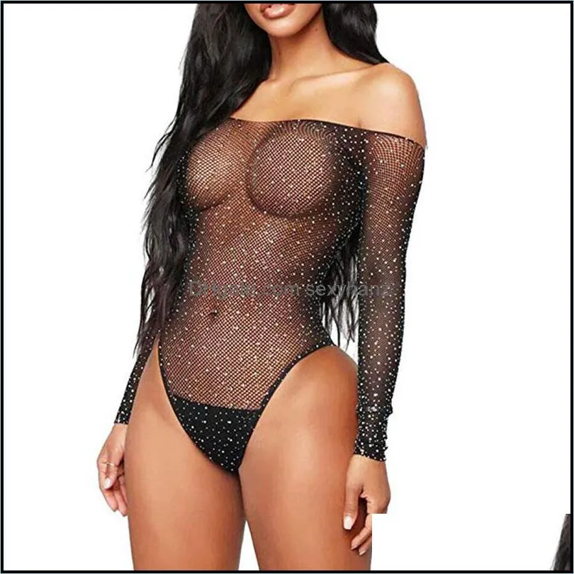 Women`s Jumpsuits & Rompers Comeonlover Women Sexy Sparkle Rhinestone Bodysuit Fishnet Long Sleeve Off Shoulder One Piece Sheer Mesh Tops