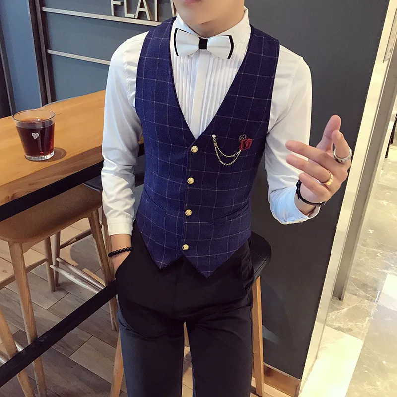 Plaid Suit Vest Mens Casual Formal Dress Business Wedding Party Work Vests Men Korean Style Slim Male Waistcoat Gilet Homme 210524