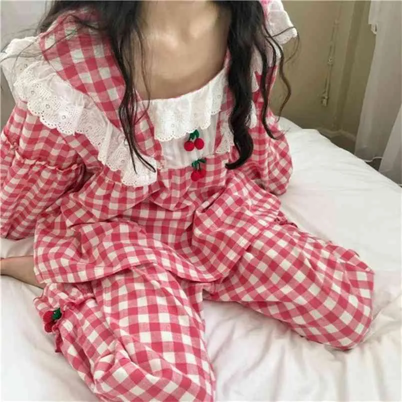 Plaid Pajamas Set Women Sweet Princess Cute Cotton Pyjamas Sexy Lace Full Sleeve Autumn 2Piece/Set Home Mom Sleepwear 210830