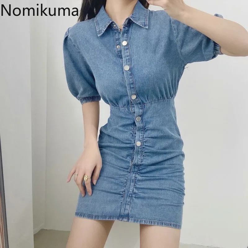 Nomikuma jeans jurk vrouwen stretch taille mini jurken lente zomer korte mouw turn-down kraag Demin vestidos 6F350 210427