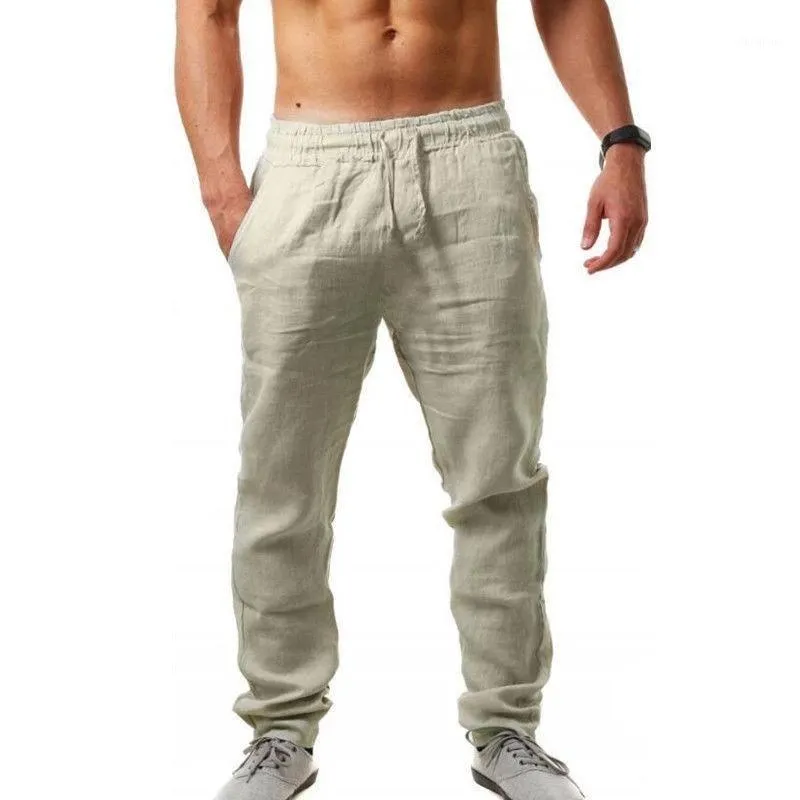 Летние мужские хлопковые льняные брюки брюки повседневные мужские твердые эластичные талии прямо свободно плюс размер мужчин