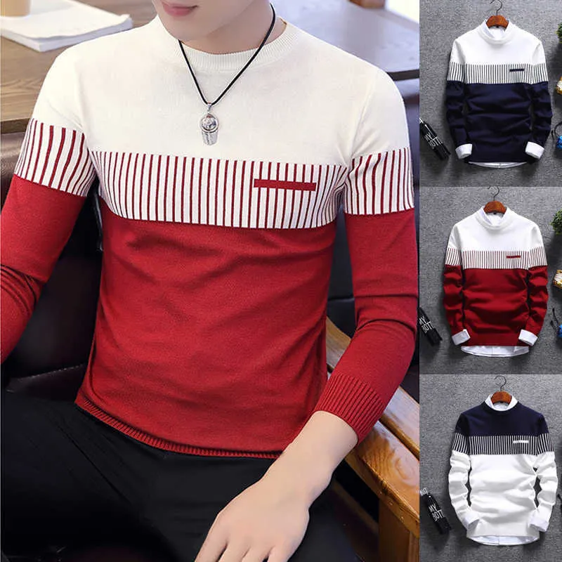 Herenmode patchwork kleur trui herfst nieuwe gebreide jumper Koreaanse stijl lange mouw pullover jas koude blouse y0907