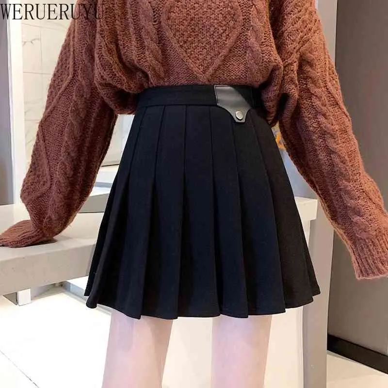 WERUERUYU Winter Autumn Skirts Womens Pleated Knitting Wool Mini Skirt High Waist Elastic Solid Color Preppy Style Skirts 210608