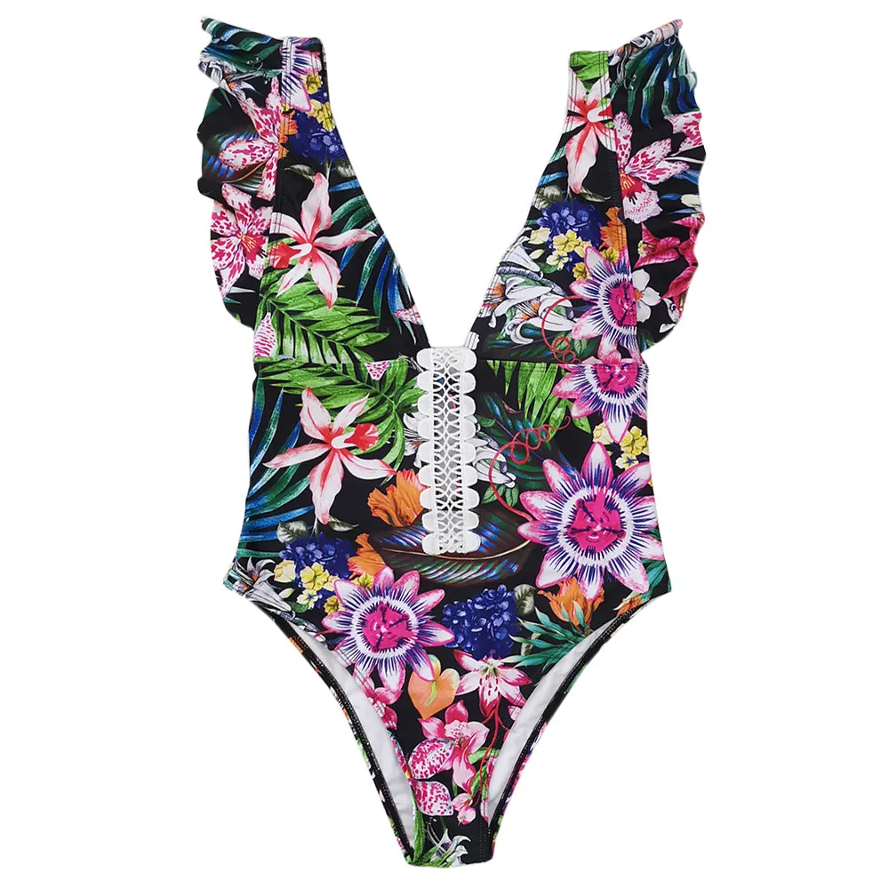 Traje de baño de encaje sexy Bikini para mujer Traje de baño de cintura alta para mujer Traje de baño con estampado de flores