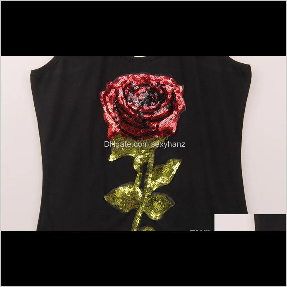 sexy woman tops summer t shirts for women sleeveless sequined black white flower rose t-shirts s-xl