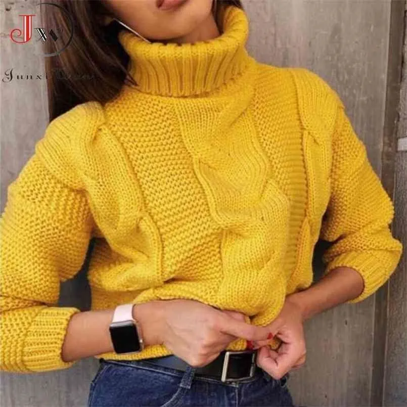 Autumn Winter Short Sweater Women Sticked Turtleneck Pullovers Casual Soft Jumper Fashion Long Sleeve Pull Femme 210917