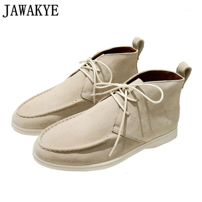 Dress Shoes Men's High Top Loafers Kid Suede Casual Flat Round Toe Lace-up Male Driving Lazy