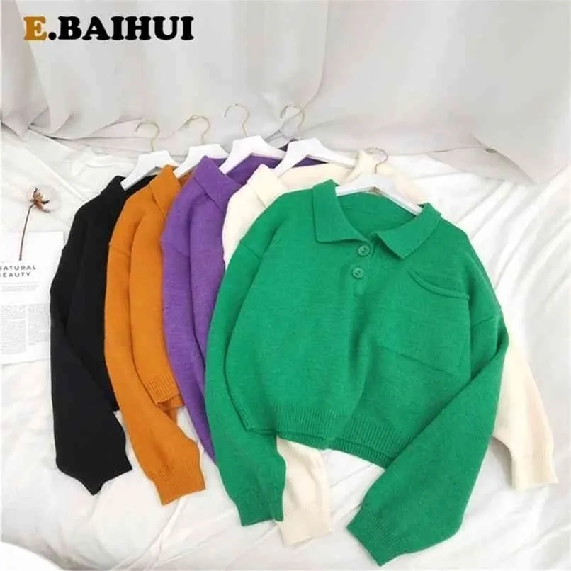 EBAIHUI Frühling ly Frauen Kurze Pullover Mode Damen Gestrickte Pullover Langarm Tasten Pullover Weibliche Top L1325 210914