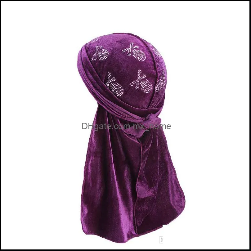 Unisex Men Women Breathable Bandana Hat velvet Durag do doo du rag long tail headwrap chemo cap Skull Rhinestone Print