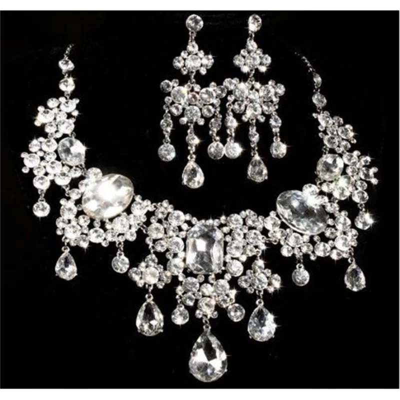 Fashion Prom Jewelry SET Clear Rhinestone Crystal Earrings Necklace Set Bridal Wedding Party Gift