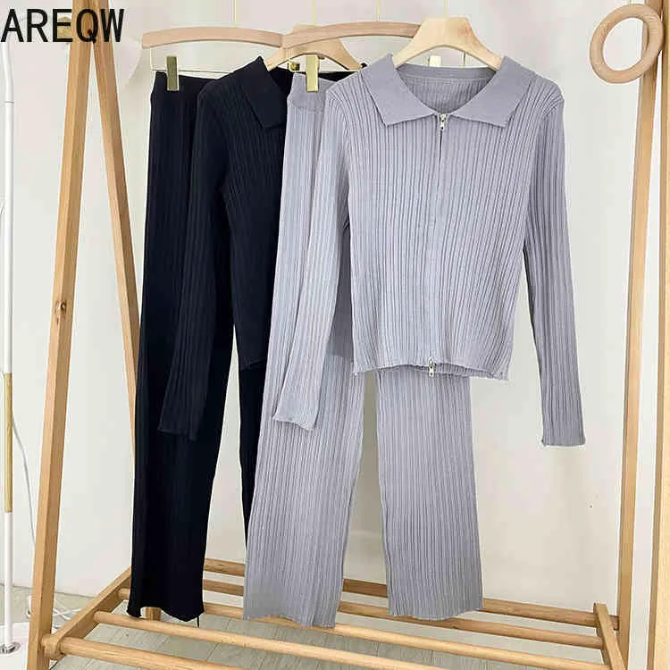 3287 Cardigan lavorato a maglia con colletto polo Cerniera corta a doppia testa Top a maniche lunghe Pit Strip Pantaloni a gamba larga a vita alta 210507