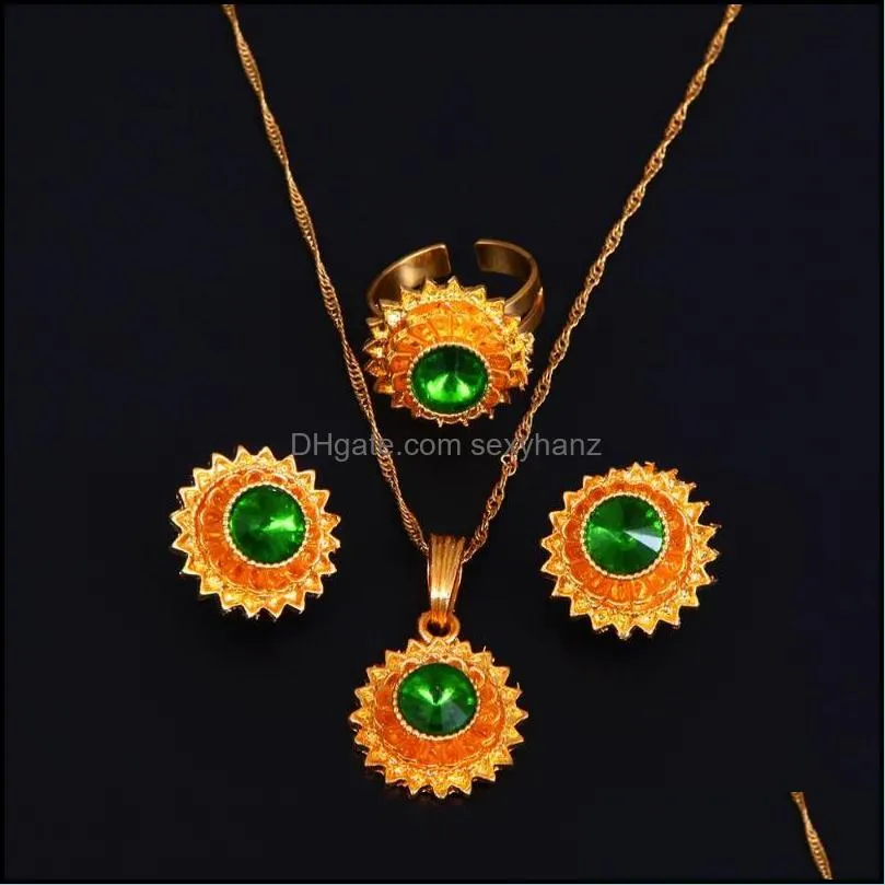Earrings & Necklace Red Blue Green Stone Ethiopian Gold Color Jewelry Sets Pendant Ring Traditional African Women Gift