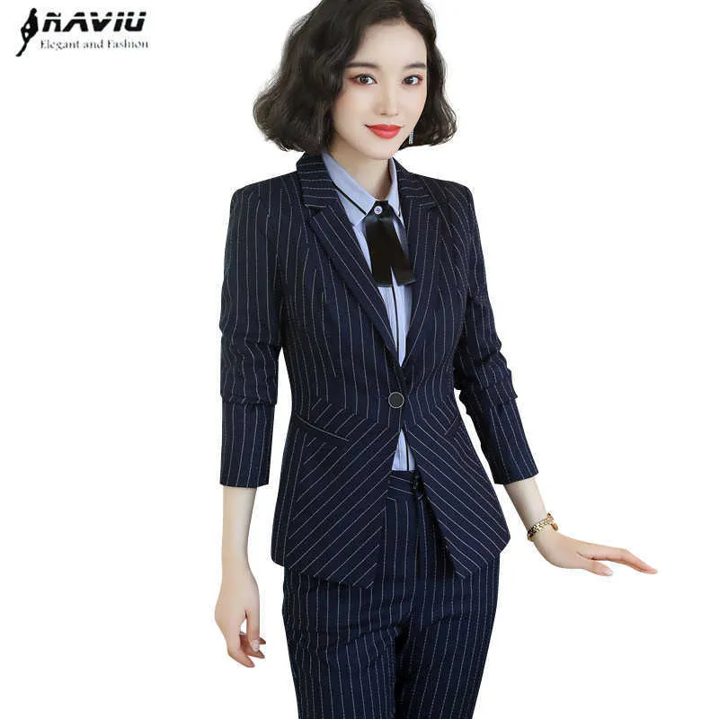 Mode kvinnor randar byxor kostym ol temperament affärer intervju smal blazer och byxor kontor damer formellt arbete bär 210604