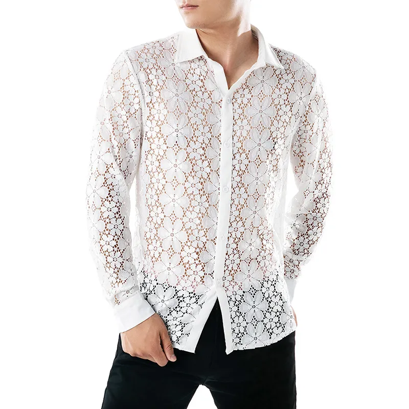 Fashion Mens  Shirts Casual Lace Hollow Out Slim Fit Long Sleeve Casual Dress Shirts Tops