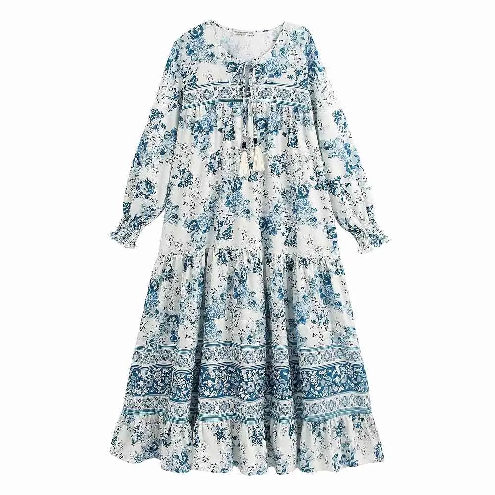 Vintage Stilig handgjorda pärlstav Tassel Floral Lång Klänning Kvinnor Mode Tie O-Neck Klänningar Elegant Ladies Chic Vestidos 210520