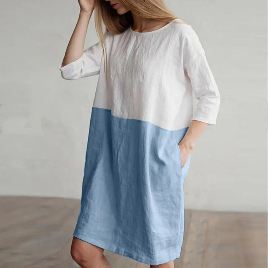 dress Women Casual Patchwork 1/2 Sleeved Cotton Linen Dress Oversize Loose Pockets Tunic dress women 210419