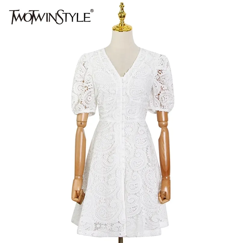 White Elegant Dress For Women V Neck Puff Short Sleeve High Waist Hollow Out Mini Dresses Female Fashion Style 210520