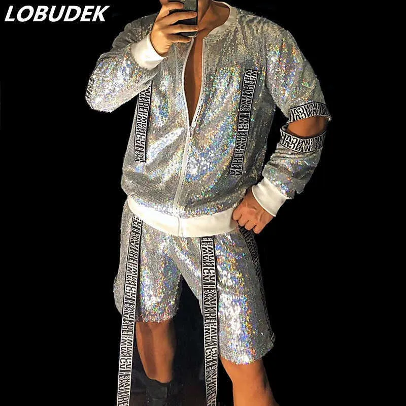 Silber Zweiteilige Herren Set Glänzende Pailletten Jacke Hosen Baseball Anzug Nachtclub Flut Hip Hop Rock Performance Kleidung X0909