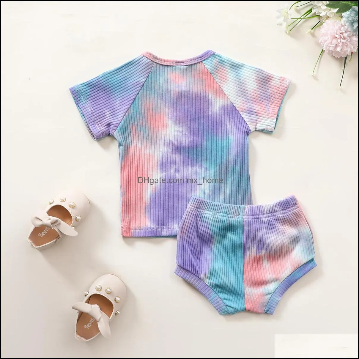 INS Baby Kids Girls Boys Children Clothing Sets Tie Dyed Knitted Cotton Suits Short Sleeve Tops Straps Shorts 2Pieces Summer Outfits