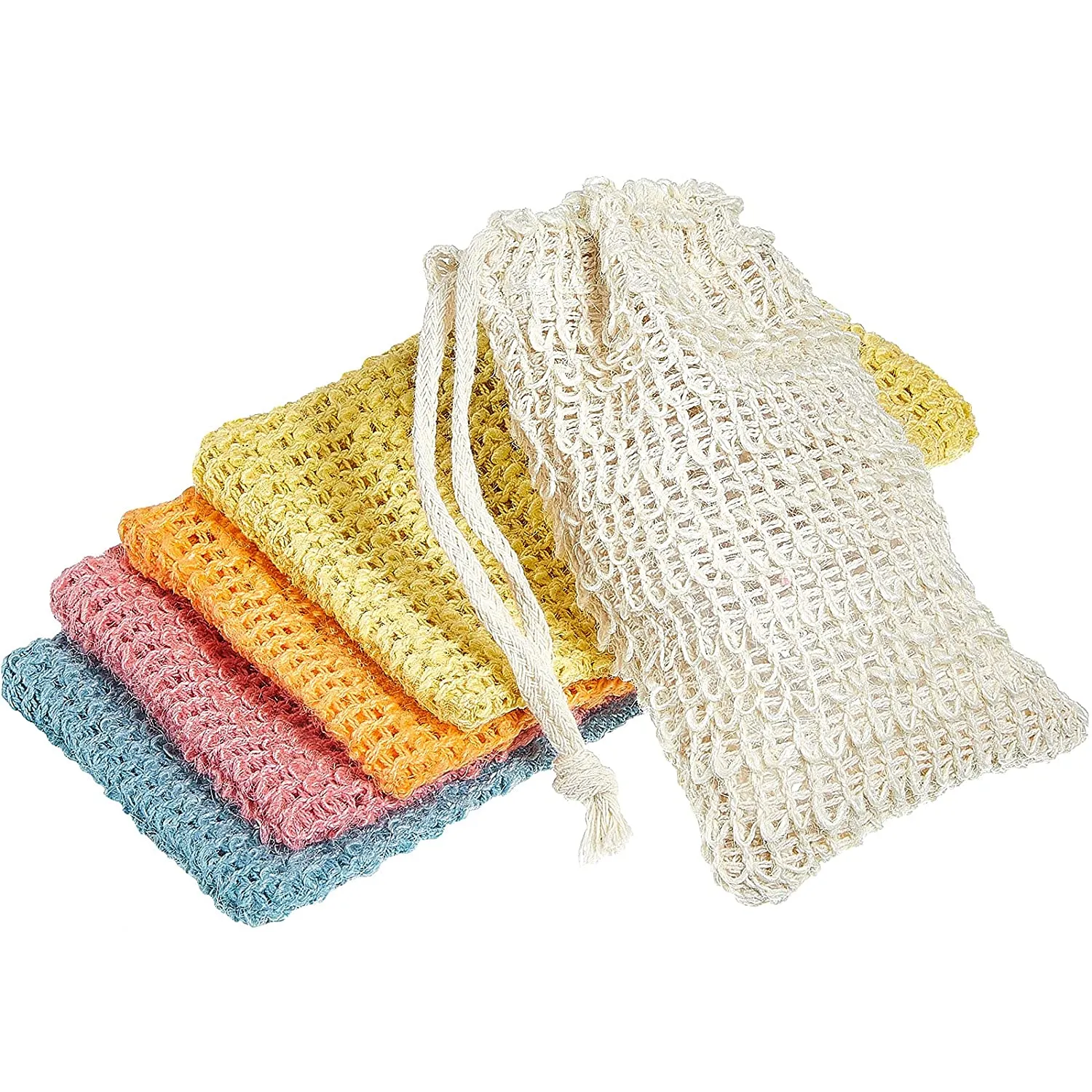 multicolor Natural Exfoliating Mesh Bags Pouch For Shower Body Massage Scrubber Natural Organic Ramie Soap Bag Loofah Bath Spa Foaming With Drawstring