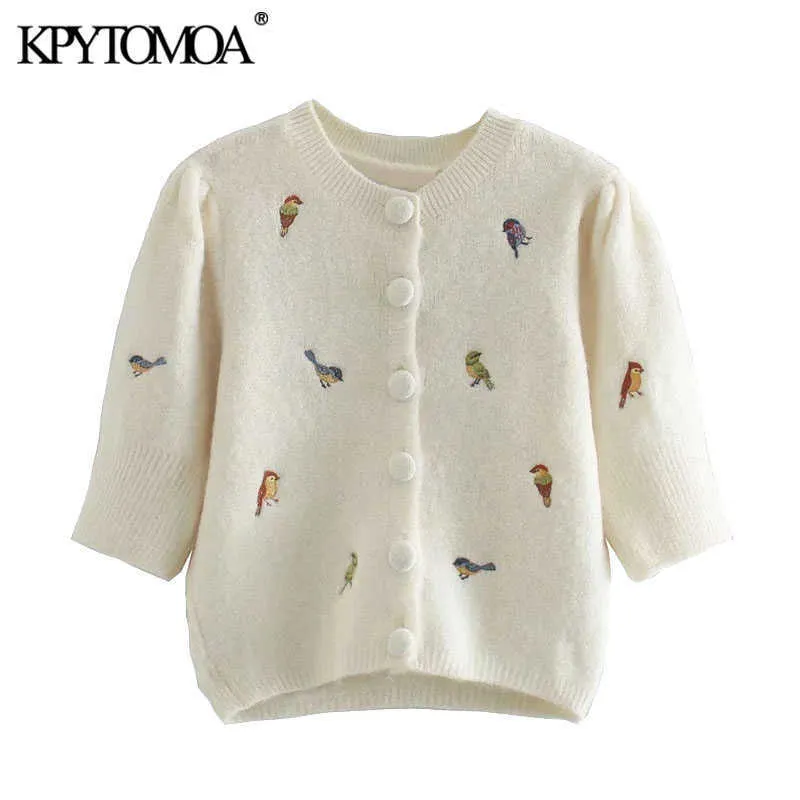 KPYTOMOA Women Fashion With Embroidery Cropped Knitted Cardigan Sweater Vintage Puff Sleeve Female Outerwear Chic Tops 210714