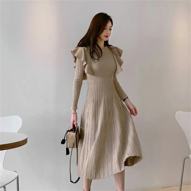 Herbst Plissee Gestricktes Kleid Chic Rundhals Kawai Rüschen Langarm Winter Pullover Kleider Frauen Koreanische Streetwear 210603