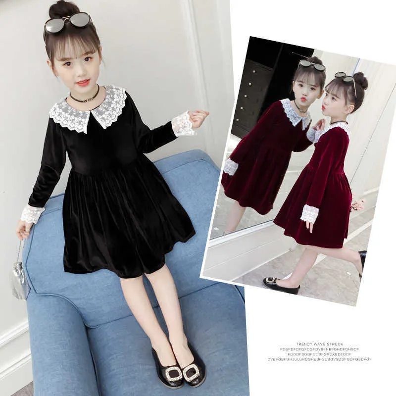 4Colors New Girl Gold Velvet Spring Autumn Dress Girls Kids White Lace Flower Princess Dresses Children Clothes 3-14T Q0716