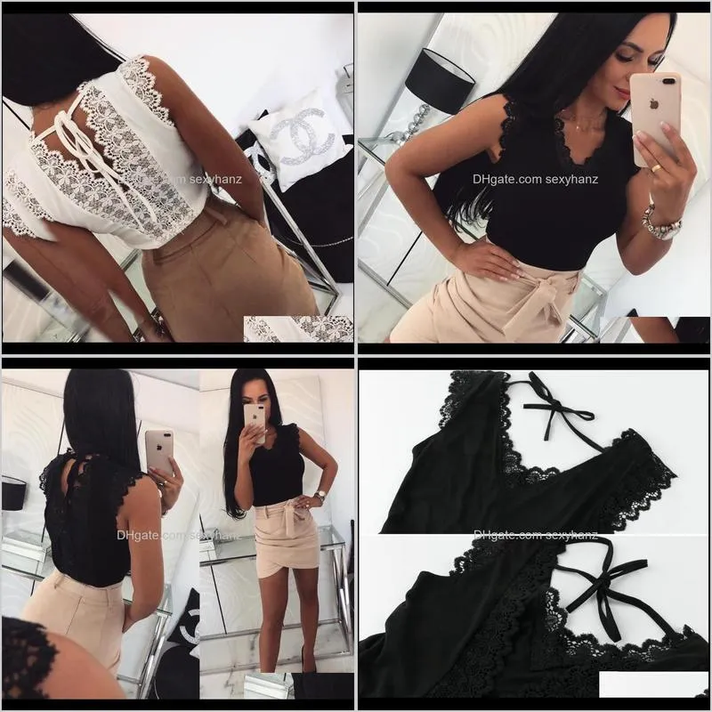 2020 2020 summer lace v neck shirts blouse women sleeveless solid black white tops vest casual female shirt blouses vg7d#