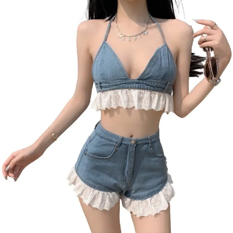 Summer Beach Sweet Sexy Two-Piece Set V-Pescoço Lace Up Denim Camisole Tops Frayed Jeans Shorts T3037 210514