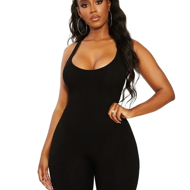 Women Knit Ribbed Sexy Low-cut Sleeveless Halter Off-shoulder Bodycon Rompers Summer Black Backless High Street Ladies Playsuits 210604
