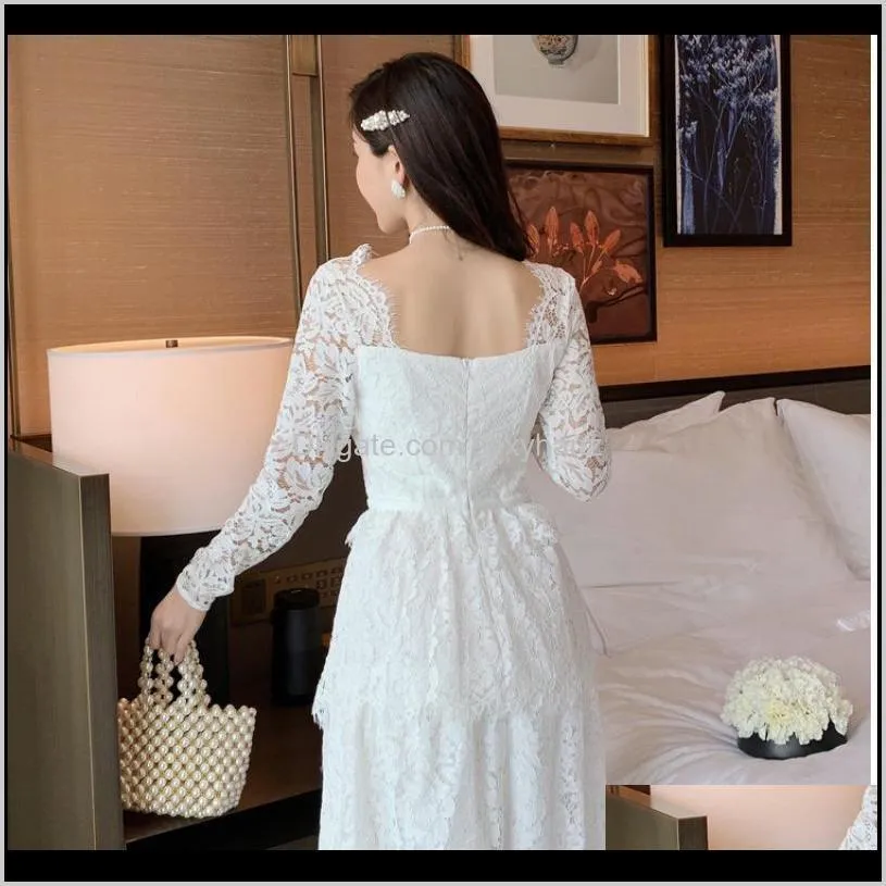 autumn 2020 new high-end temperament banquet white lace dress light luxury ladies sexy light mature hollow long sleeve dress1