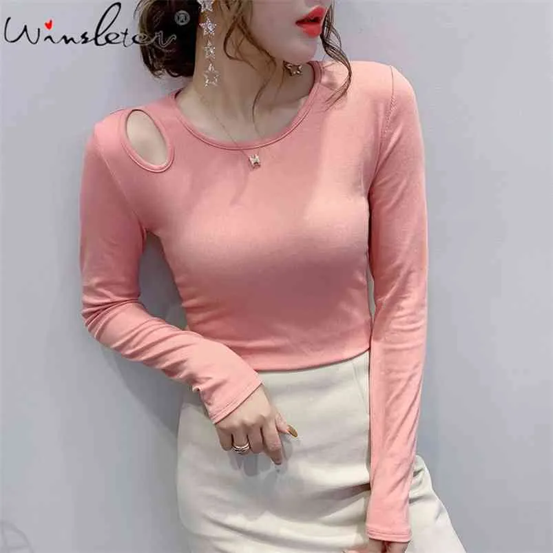 Wiosna Pink T Shirt Kobiety Bawełna O-Neck Off-Ramię Hollow Out Długi Rękaw Slim T-Shirt Tops Tee Casual Odzież 210421