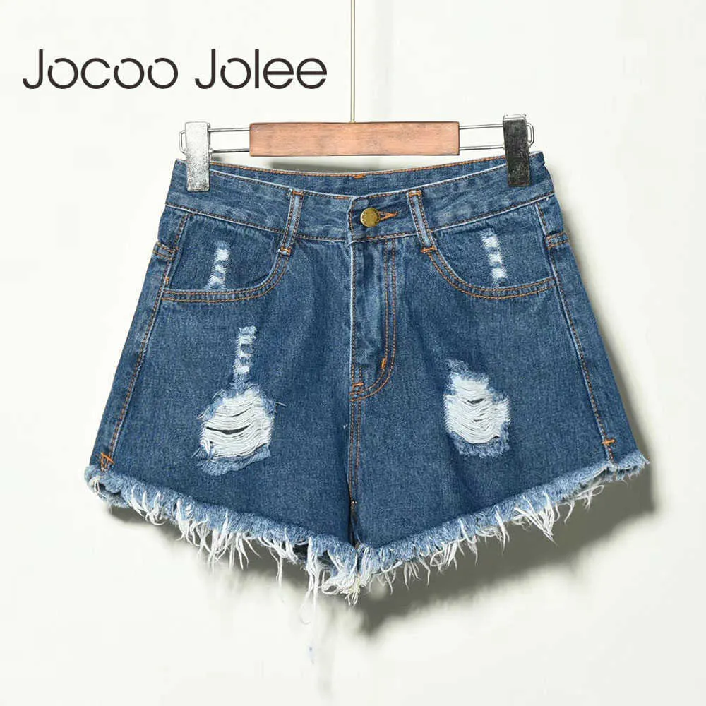 Jocoo Jolee Women Summer Casual Hole Nieregularne koty Fringe Dire Dżins Fringe Dires Denim Shorts Wysoka talia Normcore Pants 210619