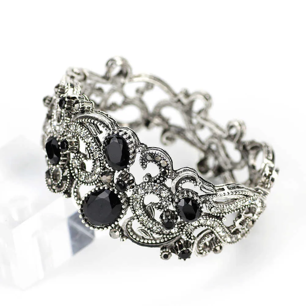 Sunspicems Rétro Noir Cristal Vintage Bracelet pour Femmes Turc Manchette Bracelet Ethnique Banquet Bijoux Antique Or Argent Couleur Q0719