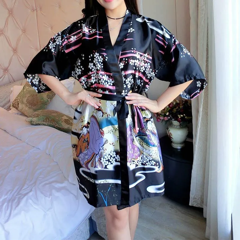 Camicette da donna Camicie Woherb 2021 Estate giapponese Pijama donna Accappatoio in seta Pamas Haruku Kimono Stampa fiore signore indumenti da notte sexy D