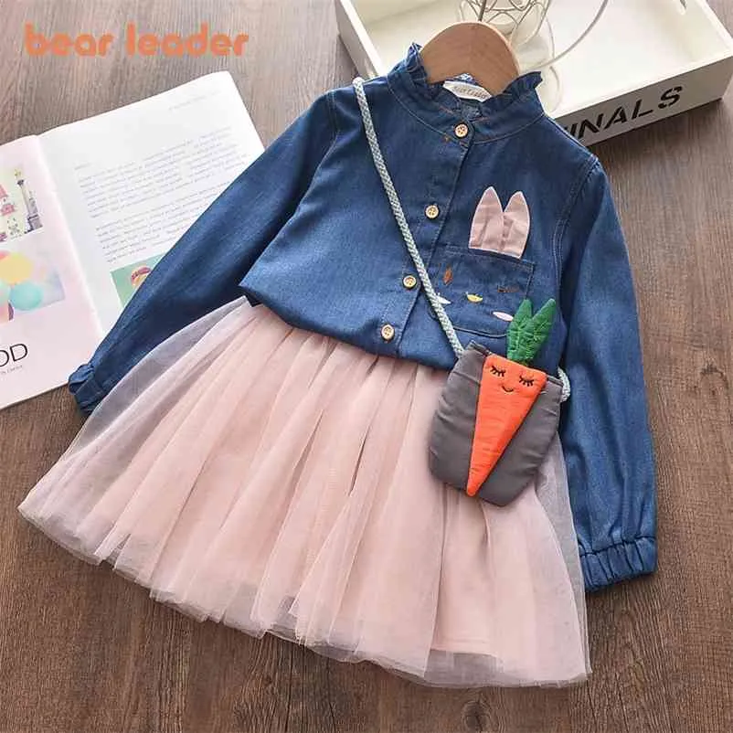 Meisjes jurk herfst meisje cartoon konijntje lange mouw denim borduurwerk mesh kinderen vestidos kleding 3 7Y 210429