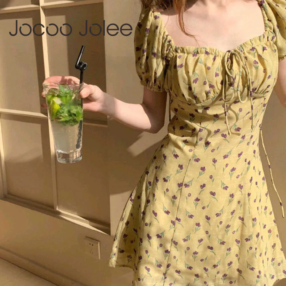 Jocoo Jolee Abito giallo con stampa floreale vintage Abito estivo a vita alta con maniche corte Abiti da donna slim in cotone Mini capispalla per le vacanze 210619