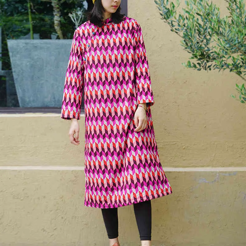 Johnature mode géométrique support plaque boucle rétro épais Cheongsam robe hiver lâche à manches longues femmes robes 210521