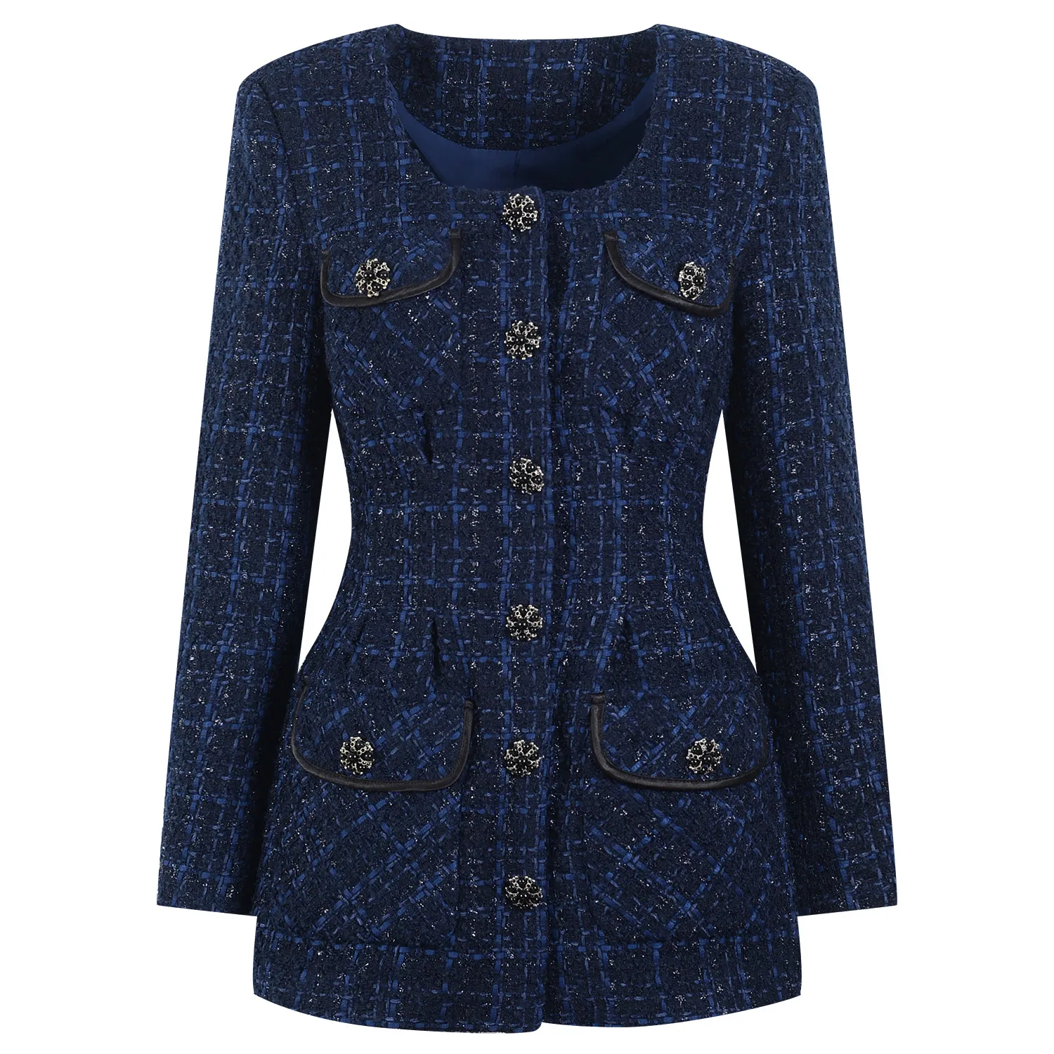 216 L 2022 Robe De Piste Printemps Eté Robe Marque Même Style Empire Manches Longues Col Ras Du Cou Bleu Tweed Flora Imprimer Haute Qualité Au-dessus Du Genou LANYI