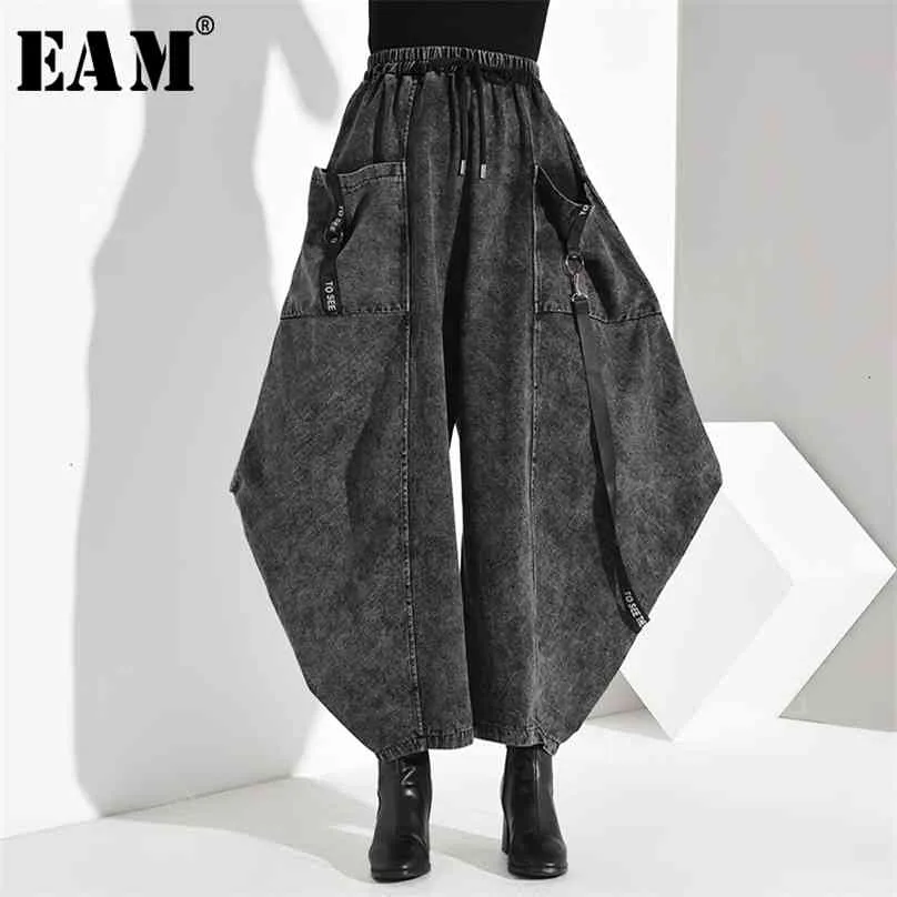 [EAM] Hohe elastische Taille Tasche Split Lange Denim Breite Bein Hose Lose Fit Hosen Frauen Mode Frühling Herbst 1D 210925