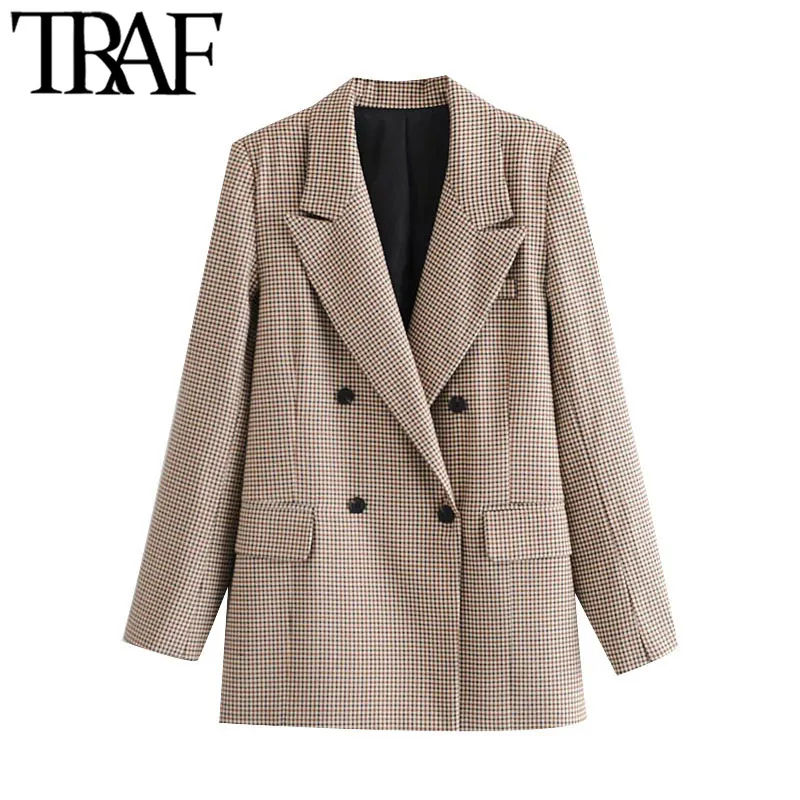 TRAF Femmes Mode Double Boutonnage Check Blazer Manteau Vintage Manches Longues Dos Vents Femelle Survêtement Chic Tops 210415