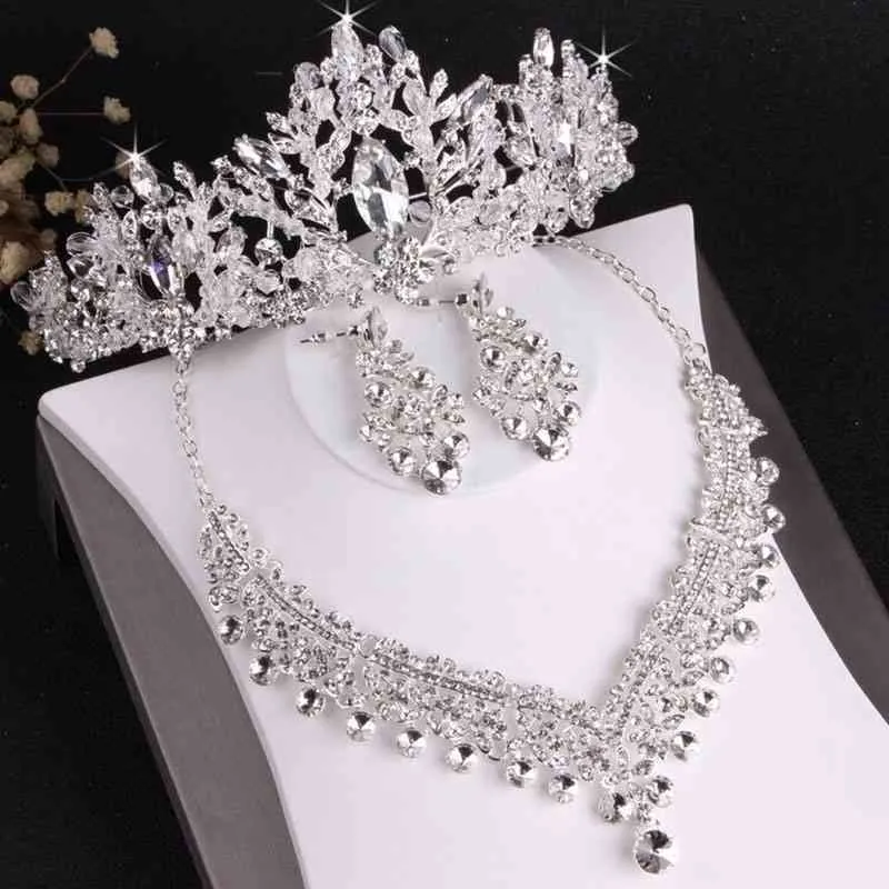 KMVEXO Luxury Heart Crystal Bridal Sets Wedding Rhinestone Crown Tiara Earrings Choker Necklace African Bead Jewelry Set