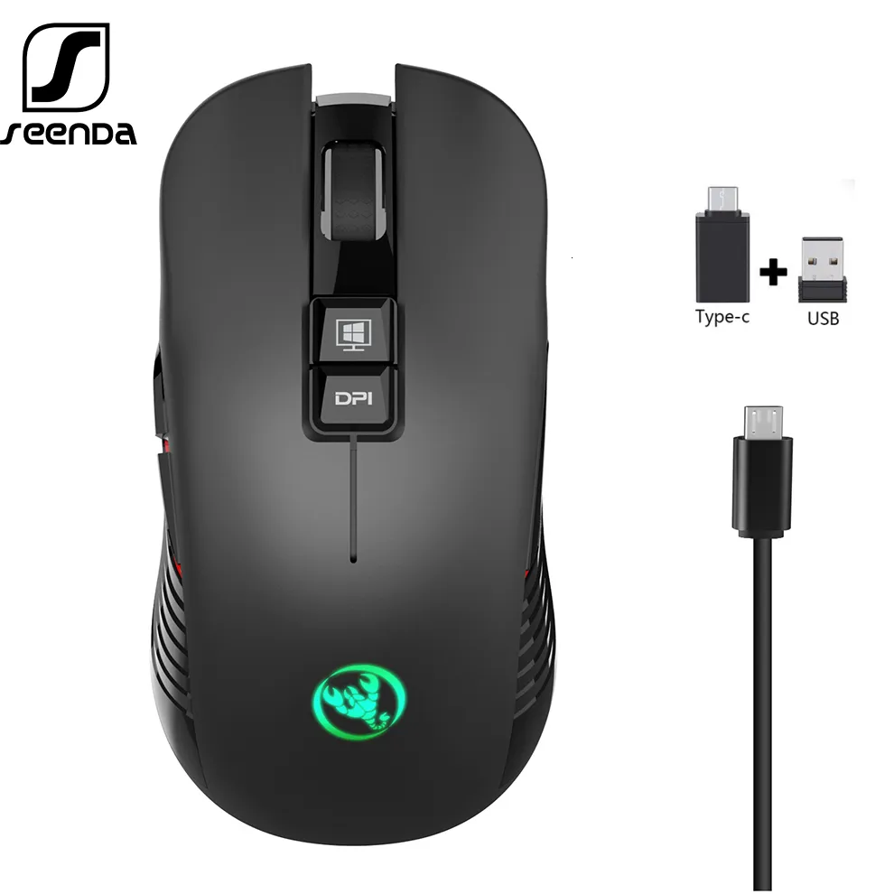 Seenda 2.4G USB-C Беспроводная аккумуляторная игровая игра 3600DPI 7 Кнопка Type-C Mute MICE MacBook Ноутбук PC Игра Мышь