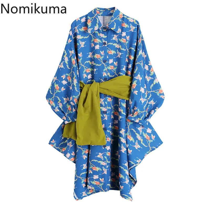 Nomikuma Vintage Utskrift Oregelbunden Blus Klänning Sashes Slim Waist Elegant Koreanska Vestido Spring Puff Sleeve Klänningar 6F665 210427