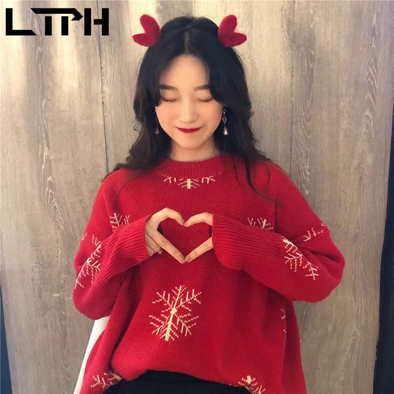 Autumn Winter Christmas sweater lazy wind loose pullover all-match snowflake element long-sleeved woman sweaters 210427