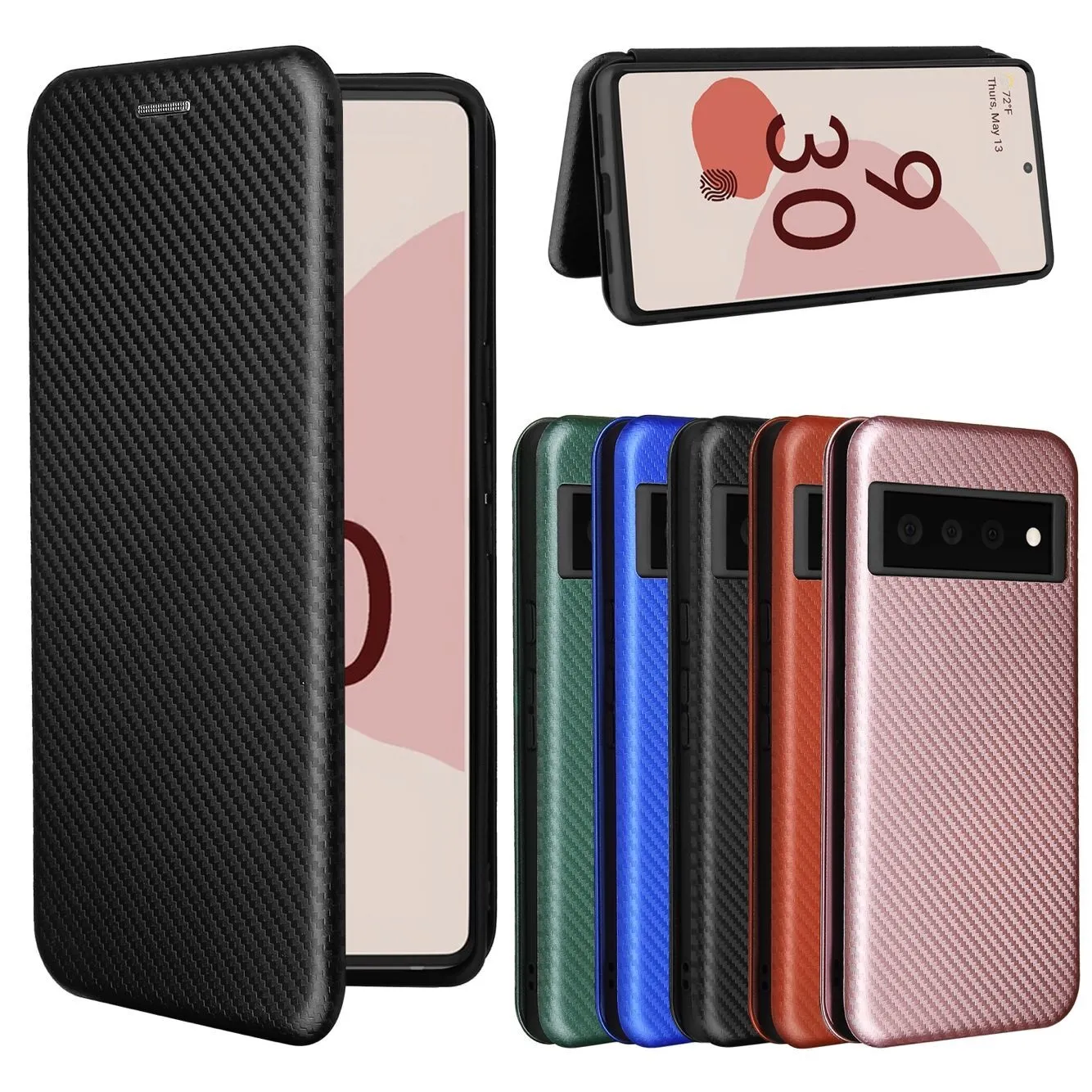 Kolfiberfall för Google Pixel 6 Pro 4 XL 5 5A 4A 5G Case Magnetic Book Stand Flip Card Skyddande plånbok PU Läderlock