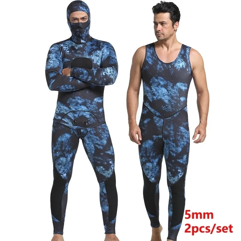 Mens 5mm wetsuit camuflagem Dois pedaços de spearfishing homens pesca quente camo surfistas com cloropreno mergulho 220301