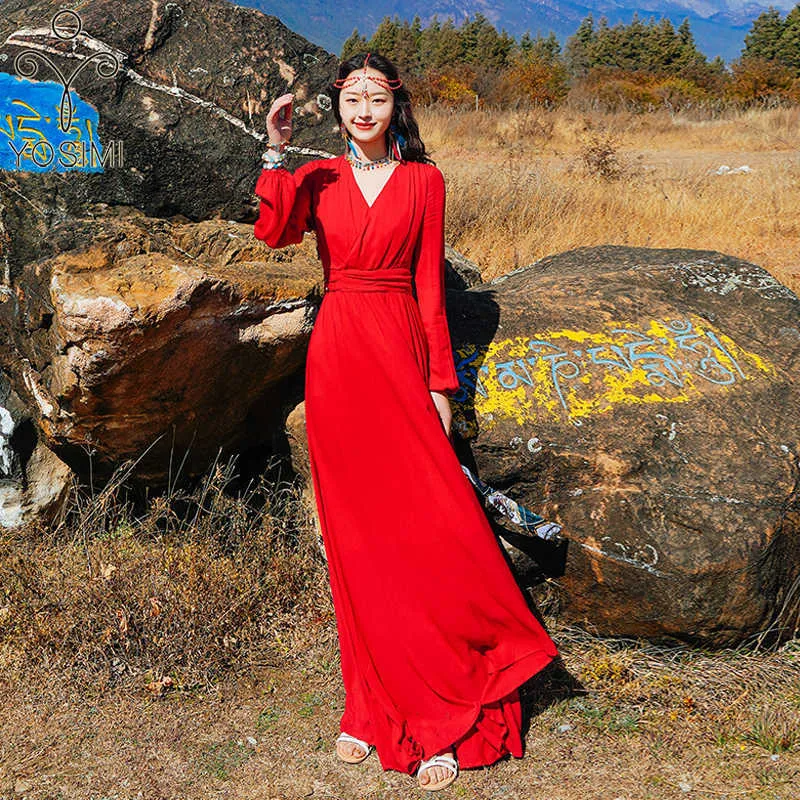 YOSIMI Red Chiffon Long Women Maxi Dress Vintage V-Neck Ankle-Length Sleeve Party Dress from Dhgate Basic & Casual Dresses - price 81.29 YOSIMI Red Chiffon Long Women Maxi Dress Vintage V-Neck Ankle-Length Sleeve Party Dress from Dhgate Basic & Casual Dresses - price 81.29
