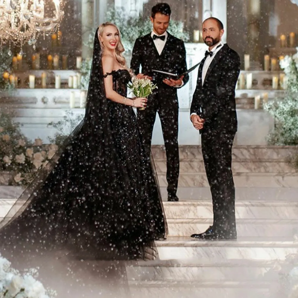Sparkling Gothic Black Sequined Line A Wedding Dress With Long Train Straps Off Shoulder Sweetheart Neckline Appliques Floral Lace And Plus Size Option 2022 Vestidos From Chicweddings 186.47 DHgate.Co...