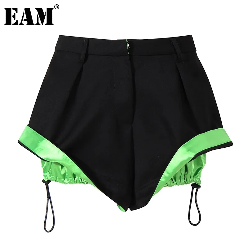 [EAM] Women Wide Leg Black Contrast Color Drawstring Shorts High Waist Loose Fit Trousers Fashion Spring Summer 1DD8665 21512